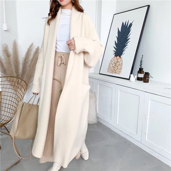 Cardigan sweater chunky knit tie belt thick winter pockets Apricot Beige cream - Picture 6 of 13